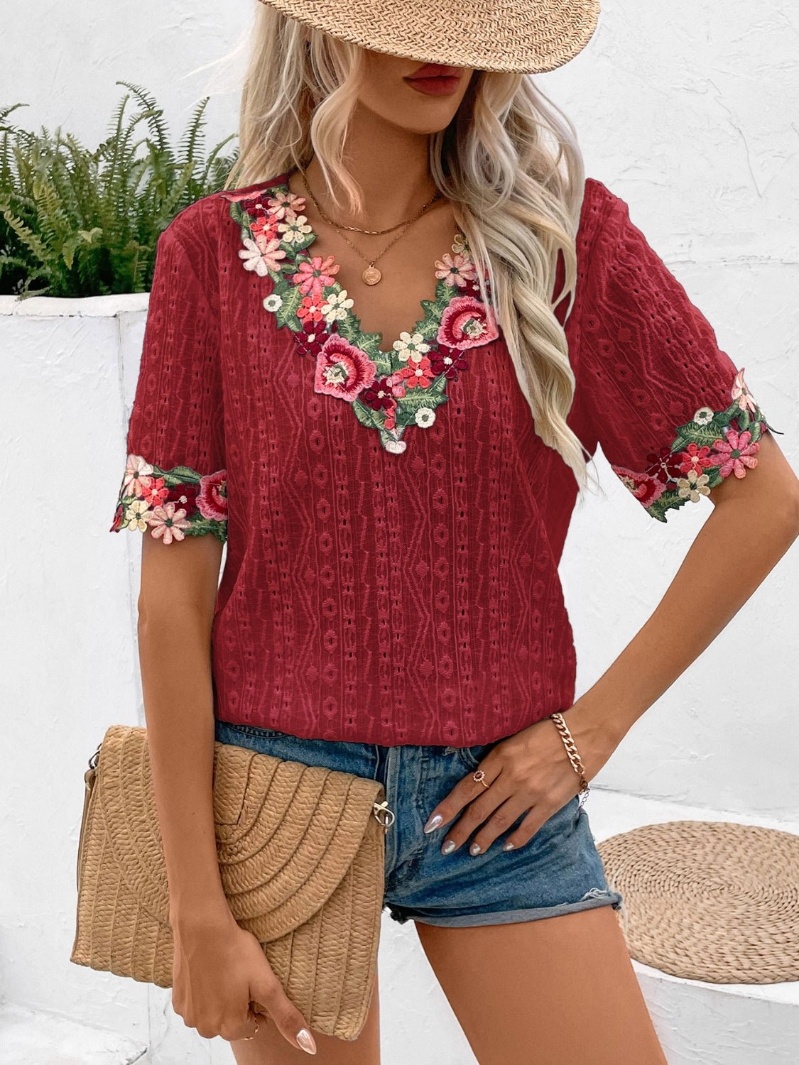 Eyelet Embroidered V - Neck Short Sleeve Blouse - Mervyns