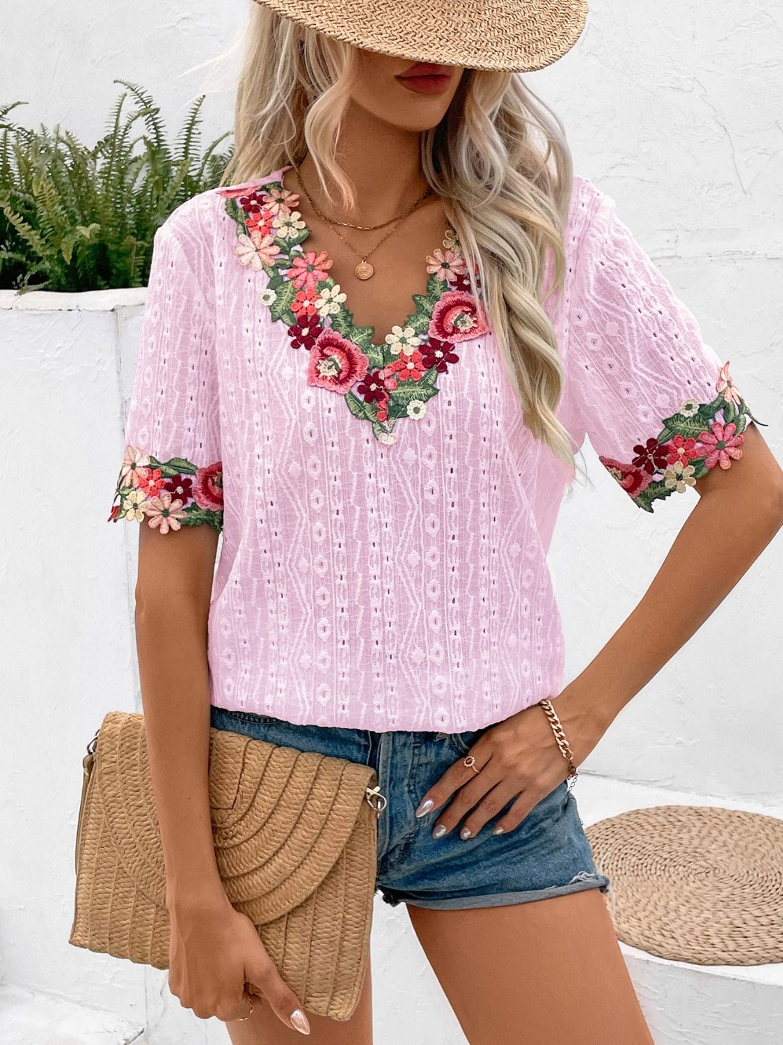 Eyelet Embroidered V - Neck Short Sleeve Blouse - Mervyns