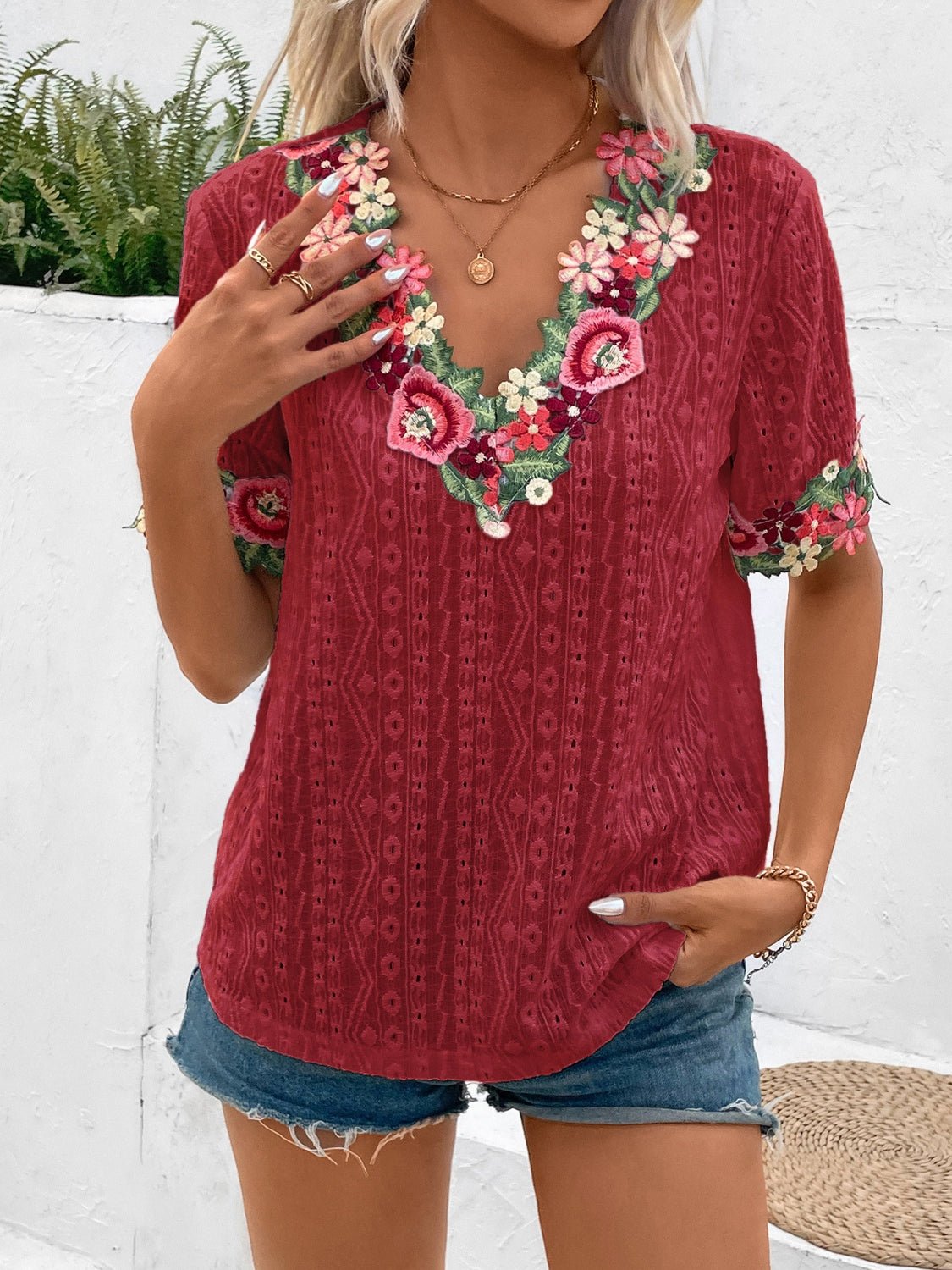 Eyelet Embroidered V - Neck Short Sleeve Blouse - Mervyns