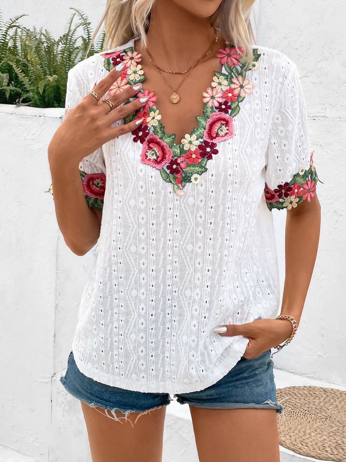 Eyelet Embroidered V - Neck Short Sleeve Blouse - Mervyns