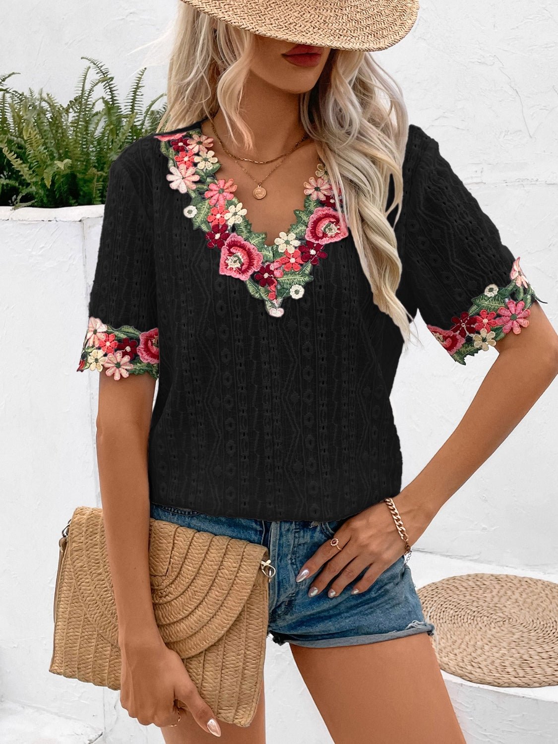 Eyelet Embroidered V - Neck Short Sleeve Blouse - Mervyns