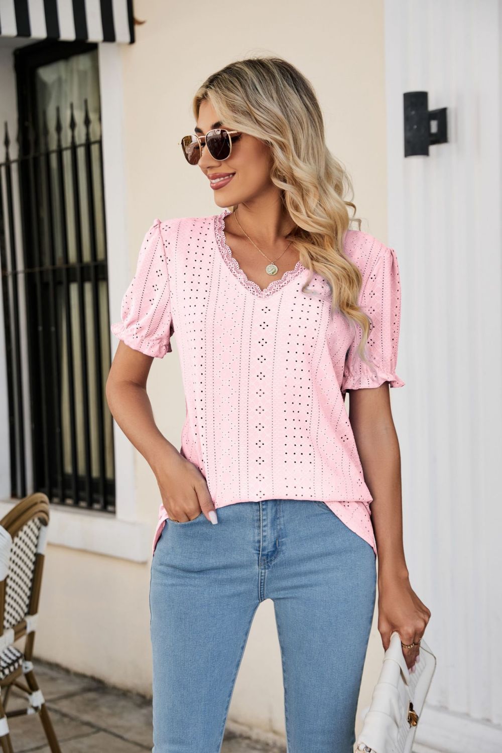 Eyelet Flounce Sleeve Scalloped V - Neck Top - Mervyns