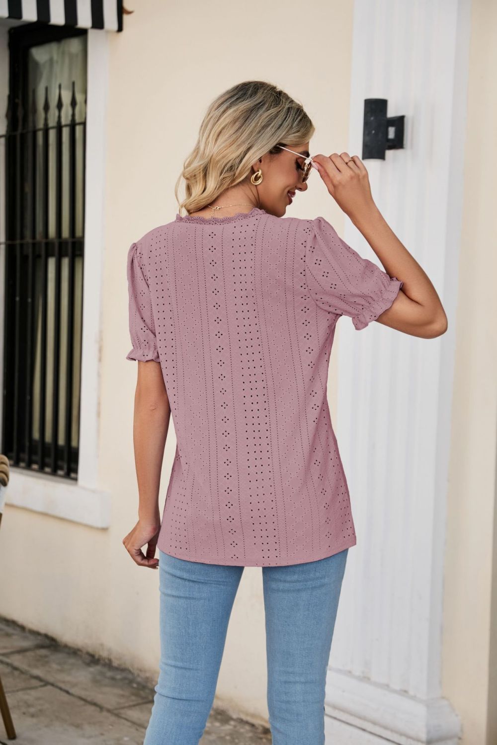 Eyelet Flounce Sleeve Scalloped V - Neck Top - Mervyns