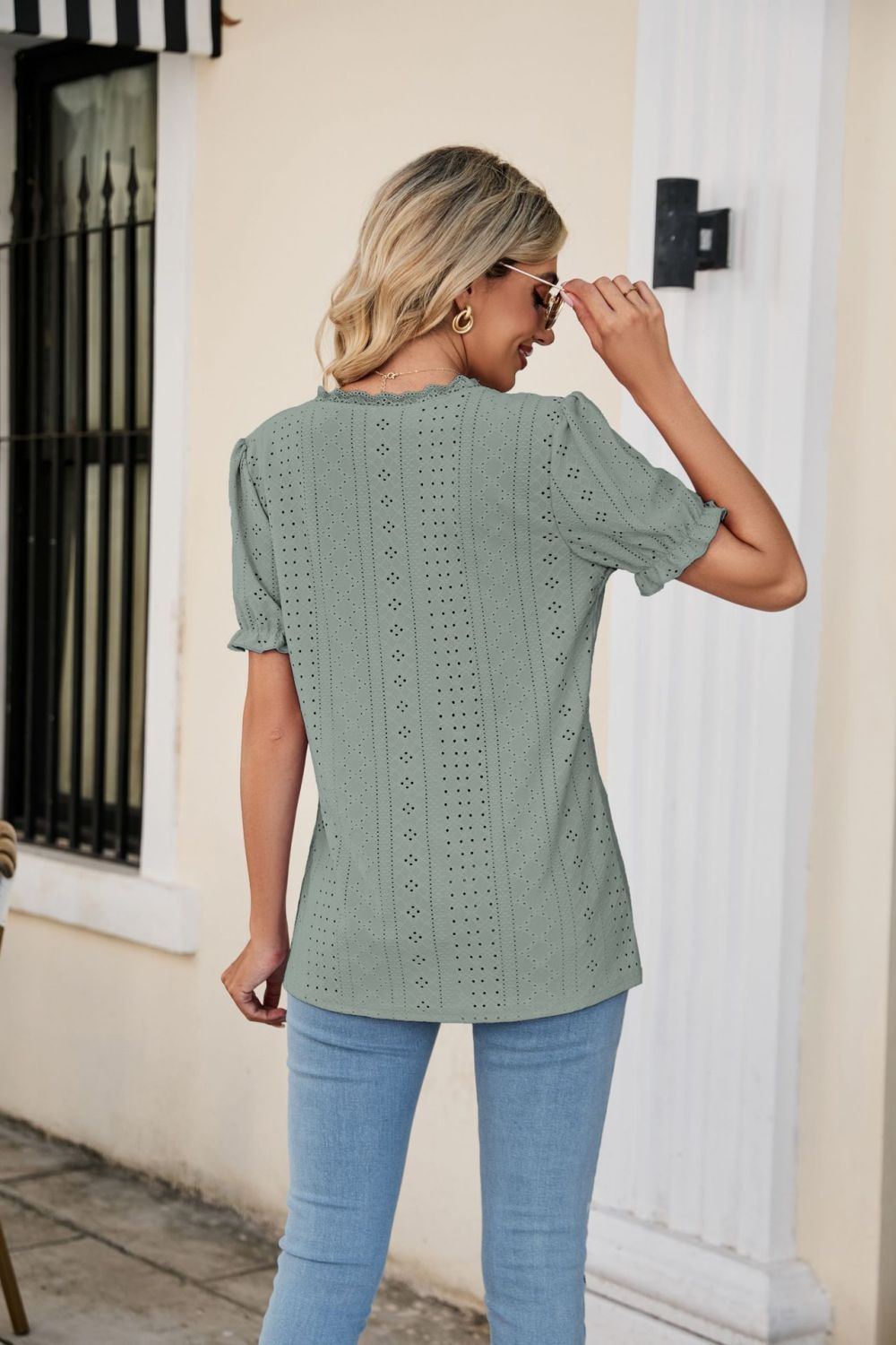 Eyelet Flounce Sleeve Scalloped V - Neck Top - Mervyns