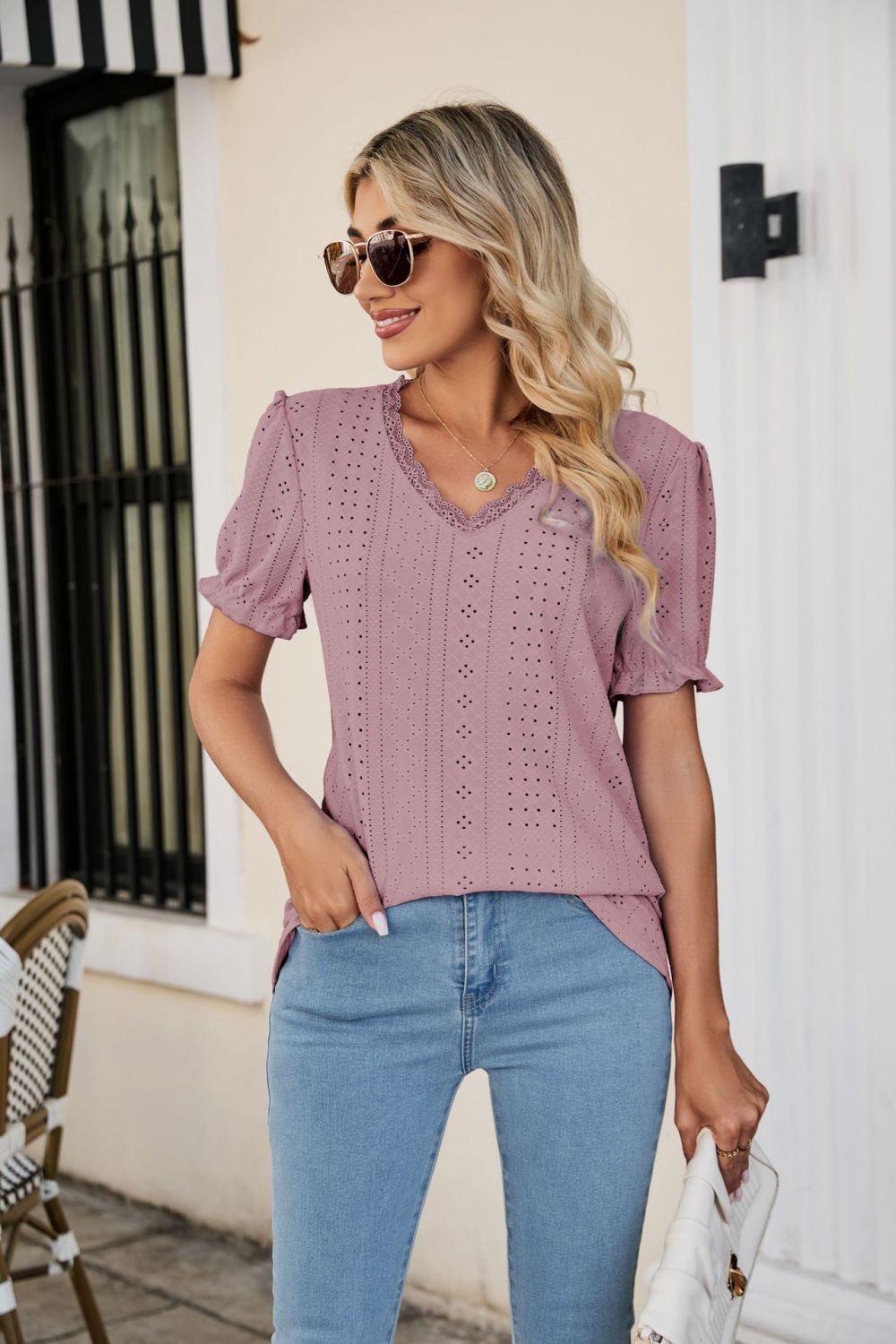 Eyelet Flounce Sleeve Scalloped V - Neck Top - Mervyns