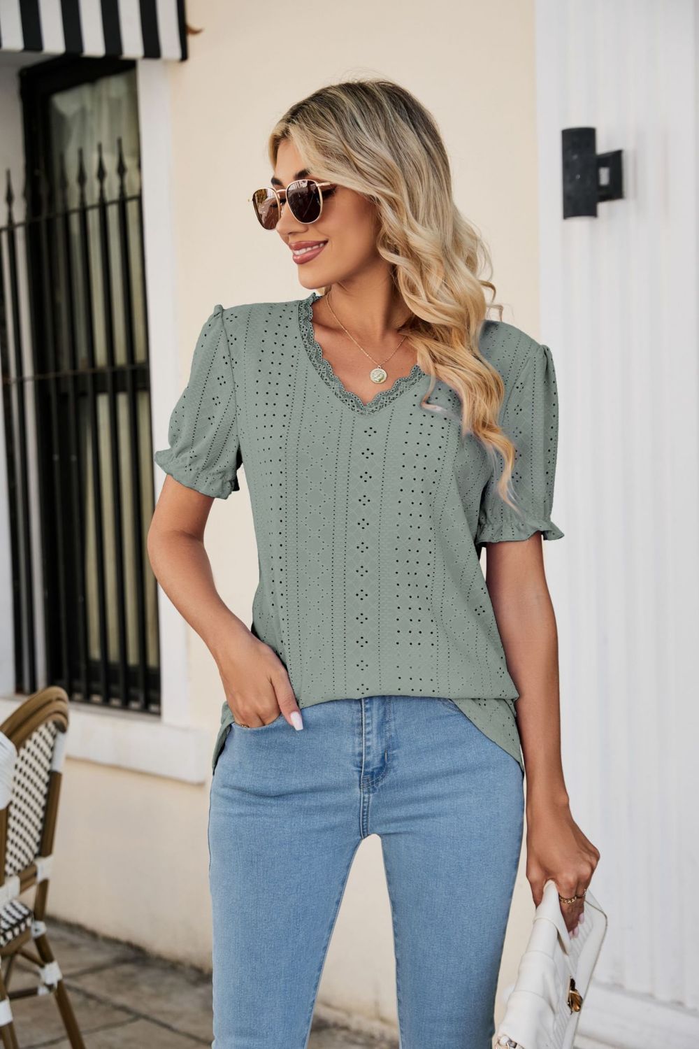 Eyelet Flounce Sleeve Scalloped V - Neck Top - Mervyns