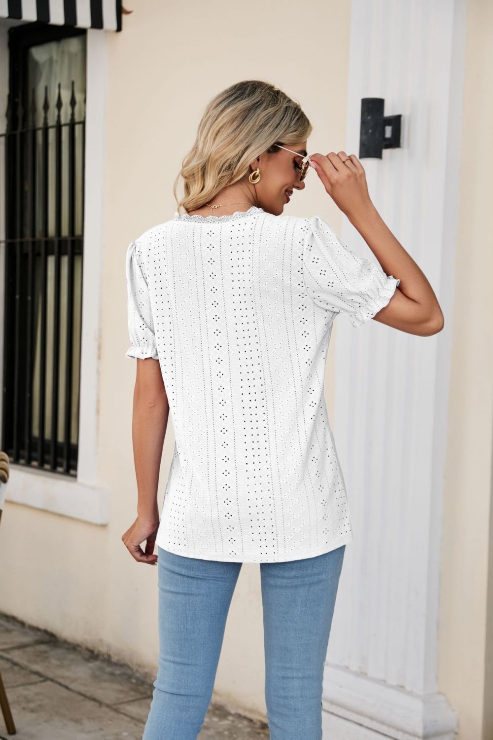 Eyelet Flounce Sleeve Scalloped V - Neck Top - Mervyns