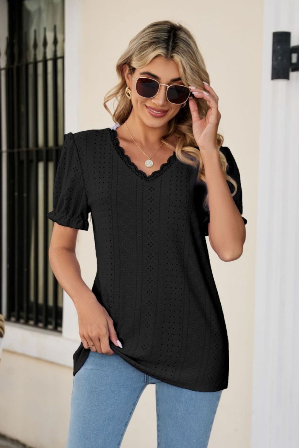 Eyelet Flounce Sleeve Scalloped V - Neck Top - Mervyns