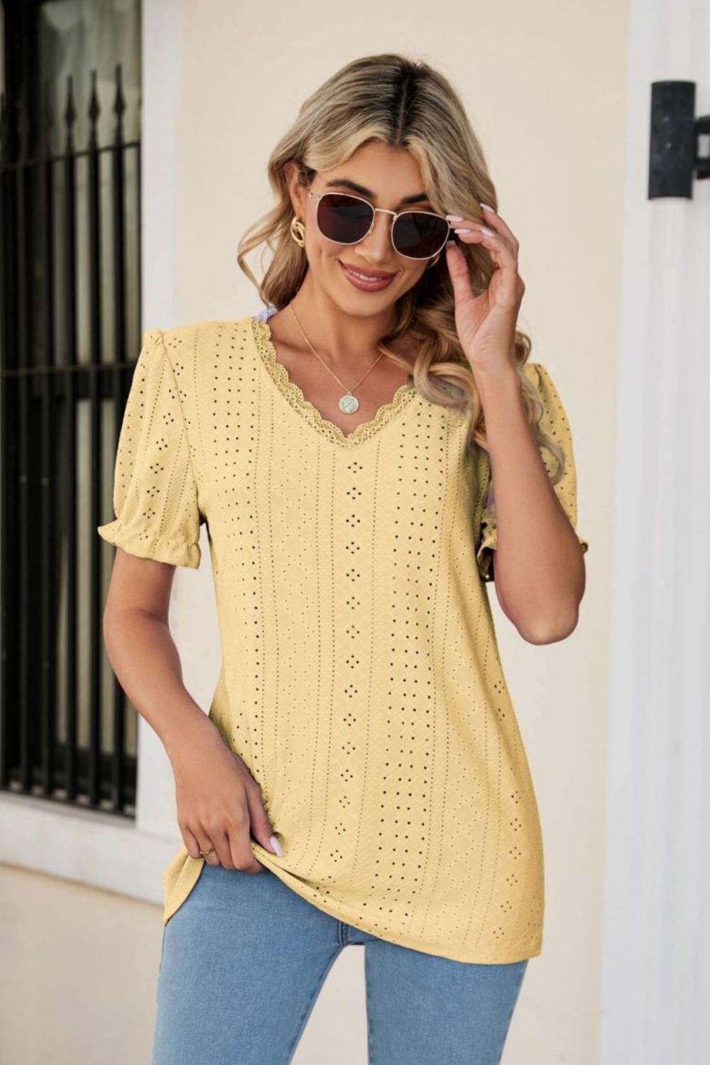 Eyelet Flounce Sleeve Scalloped V - Neck Top - Mervyns