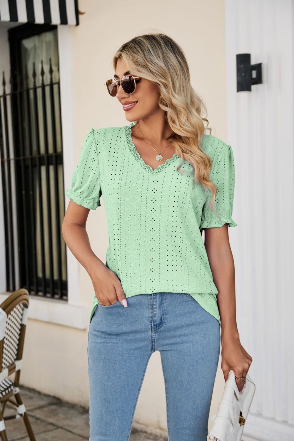 Eyelet Flounce Sleeve Scalloped V - Neck Top - Mervyns