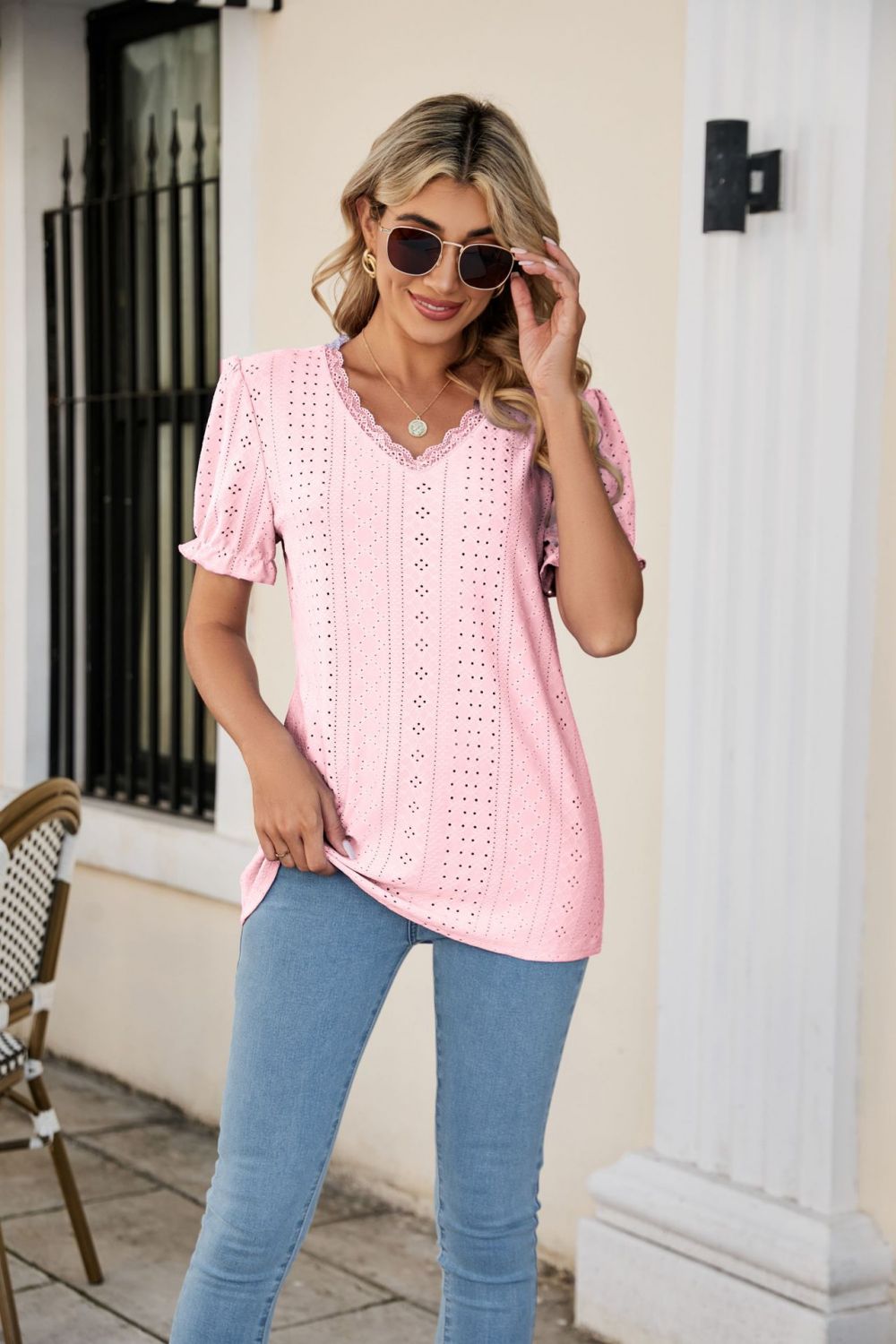 Eyelet Flounce Sleeve Scalloped V - Neck Top - Mervyns