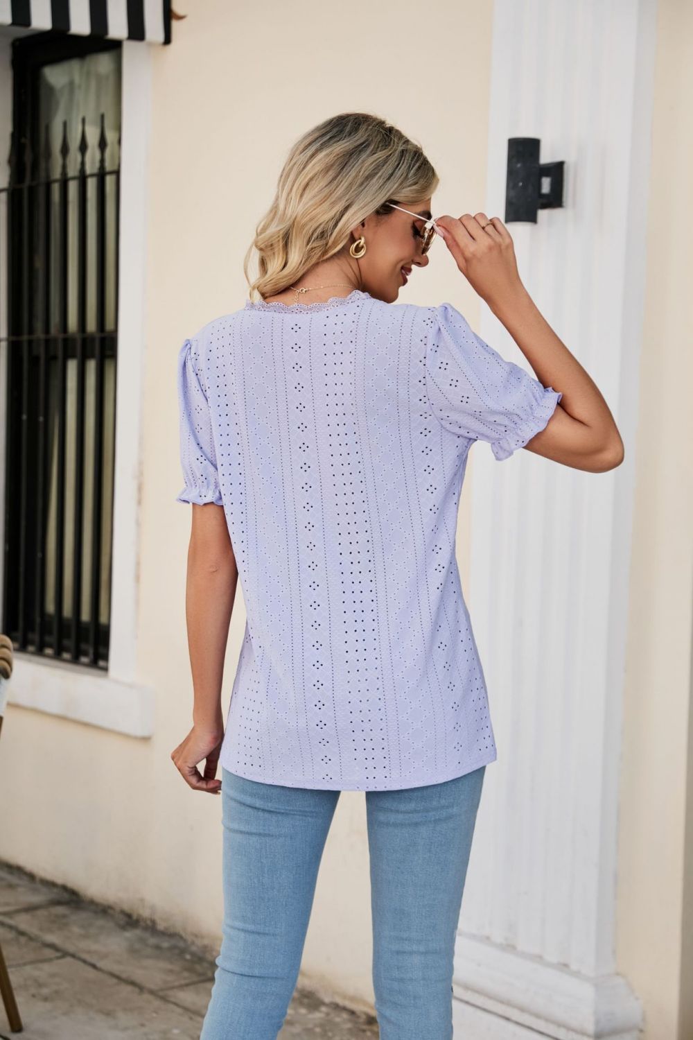 Eyelet Flounce Sleeve Scalloped V - Neck Top - Mervyns