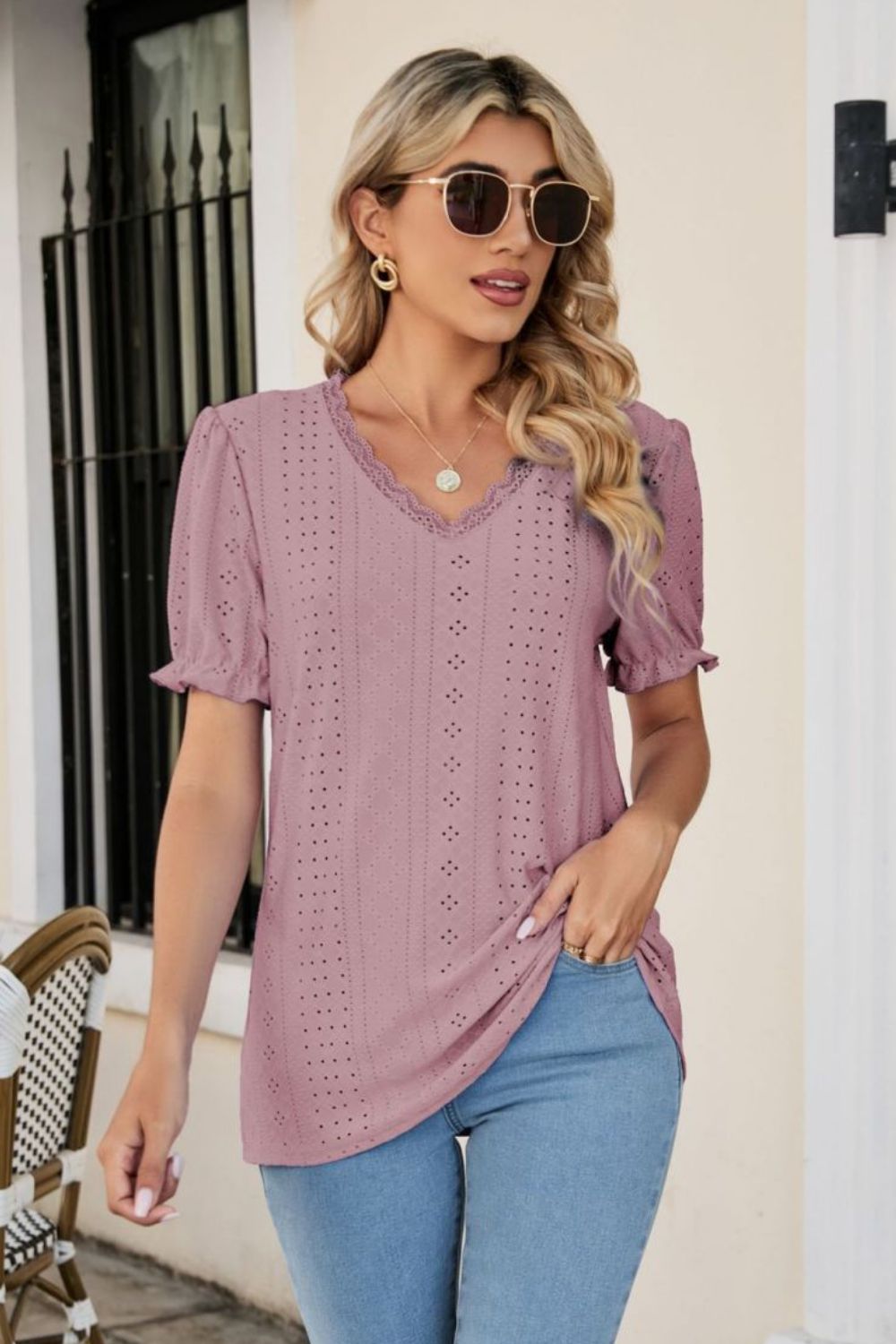 Eyelet Flounce Sleeve Scalloped V - Neck Top - Mervyns