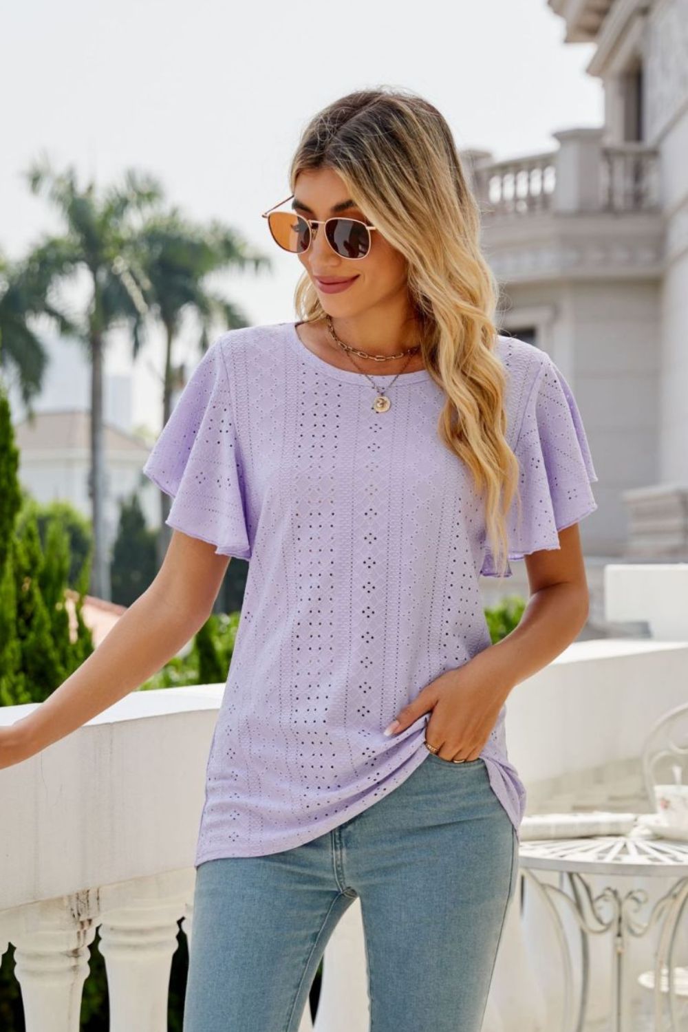 Eyelet Flutter Sleeve Round Neck Top - Mervyns