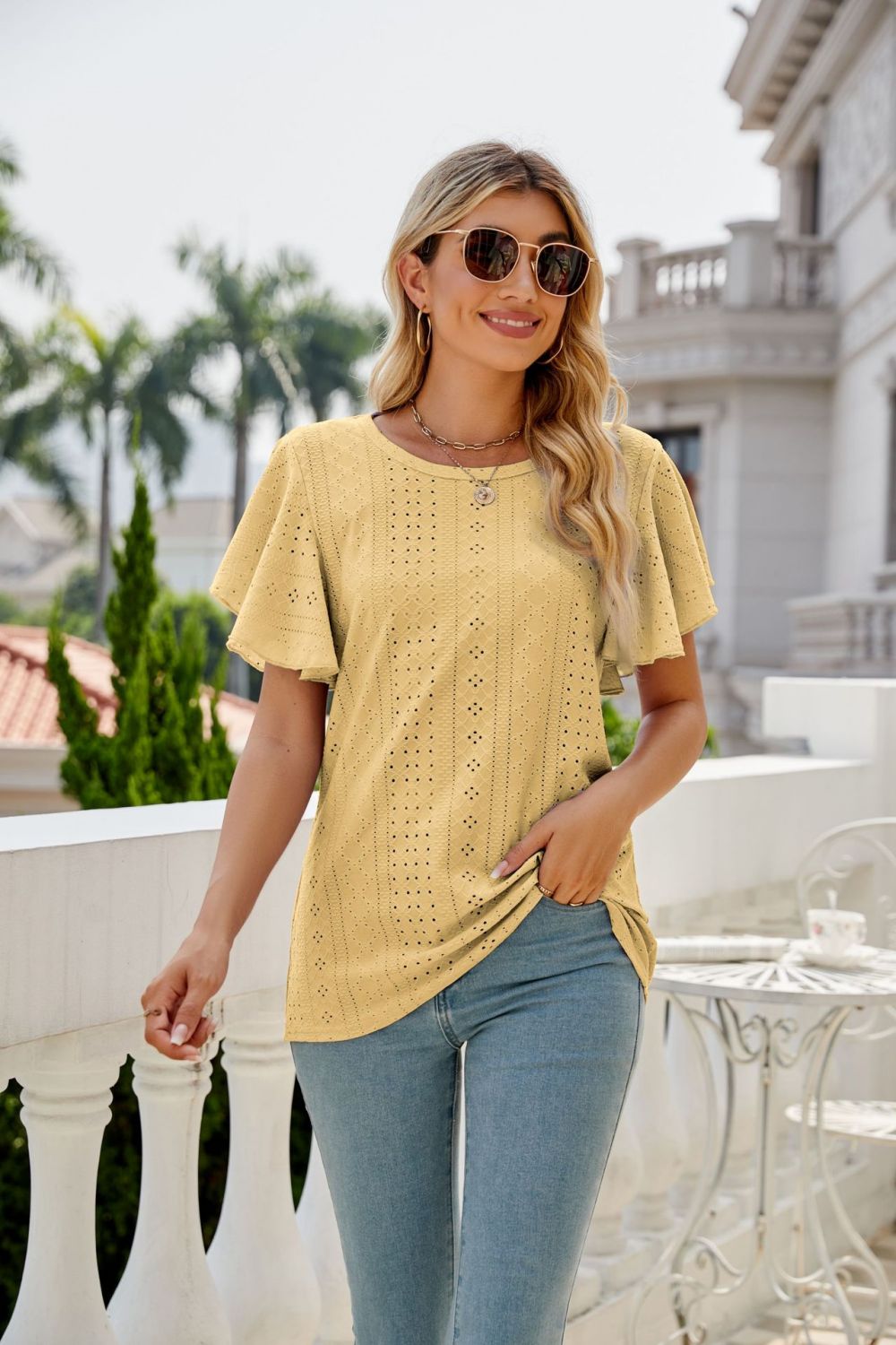 Eyelet Flutter Sleeve Round Neck Top - Mervyns