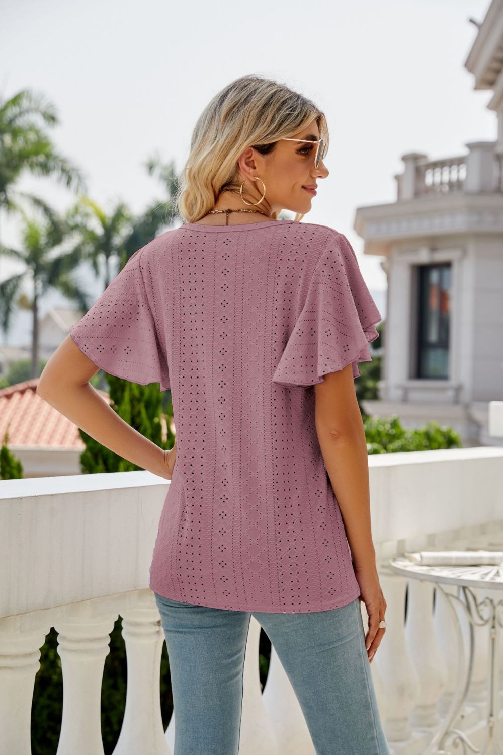 Eyelet Flutter Sleeve Round Neck Top - Mervyns