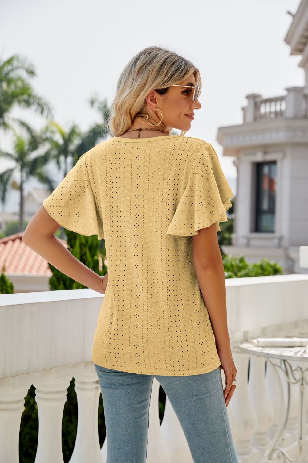 Eyelet Flutter Sleeve Round Neck Top - Mervyns