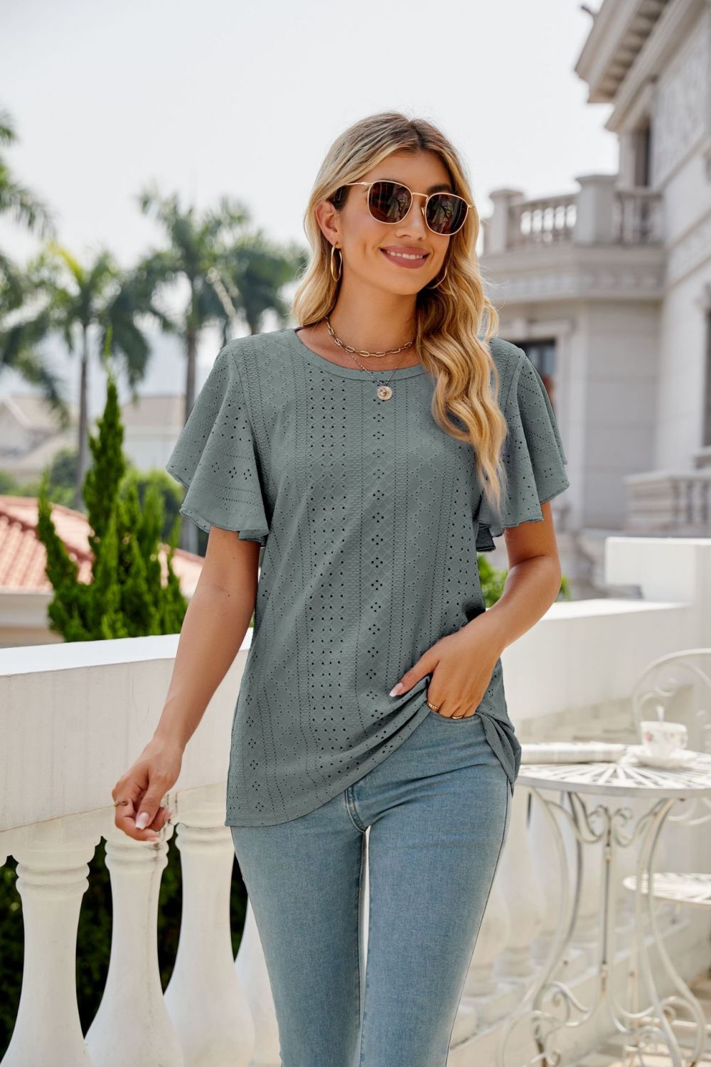 Eyelet Flutter Sleeve Round Neck Top - Mervyns