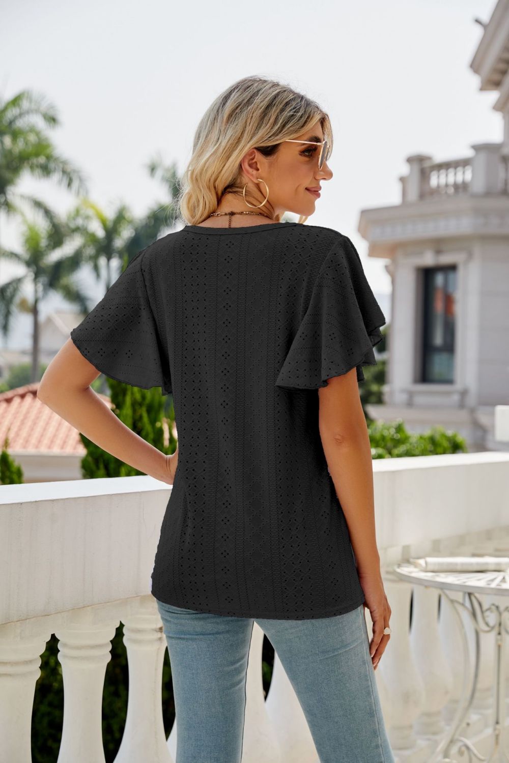 Eyelet Flutter Sleeve Round Neck Top - Mervyns