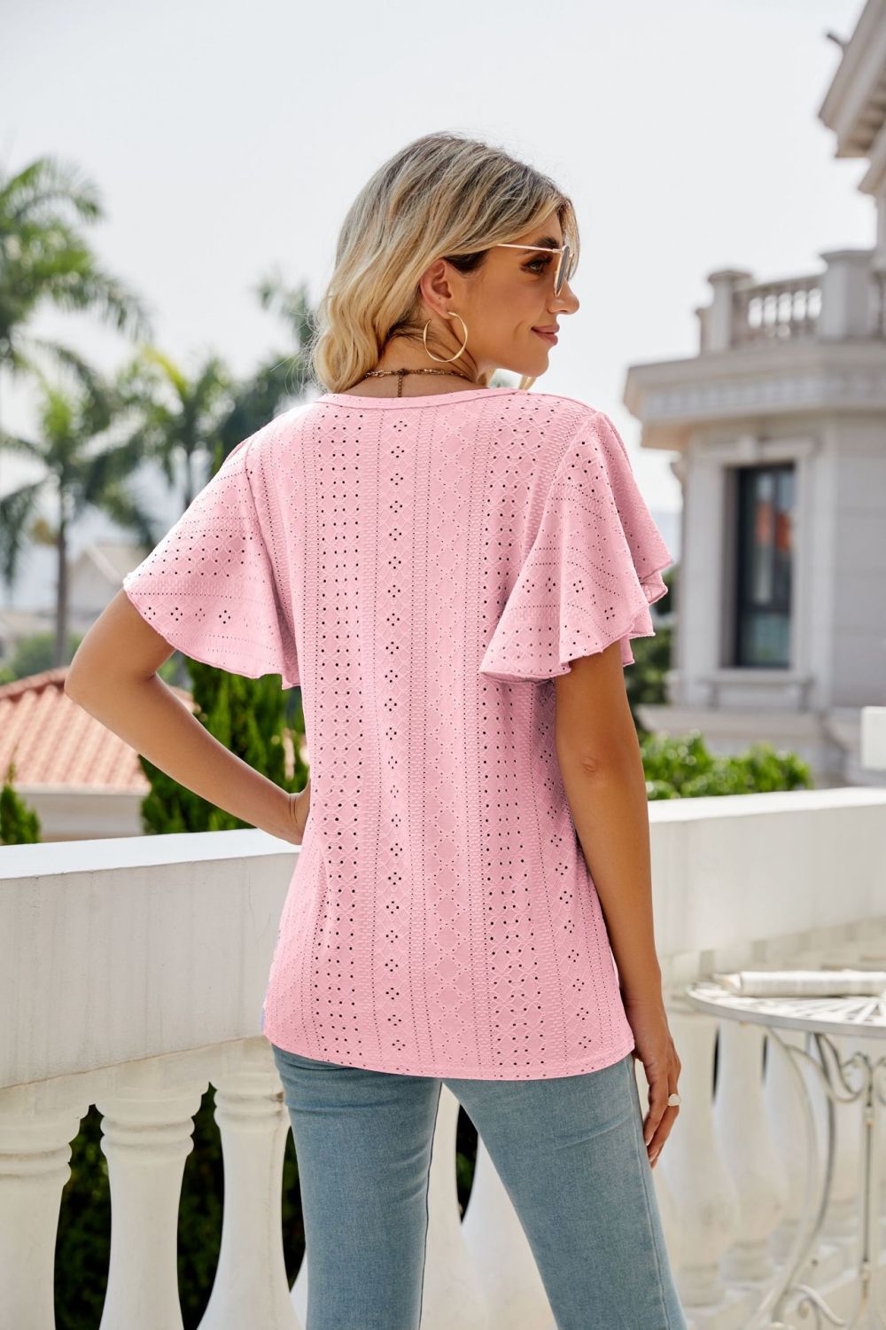 Eyelet Flutter Sleeve Round Neck Top - Mervyns