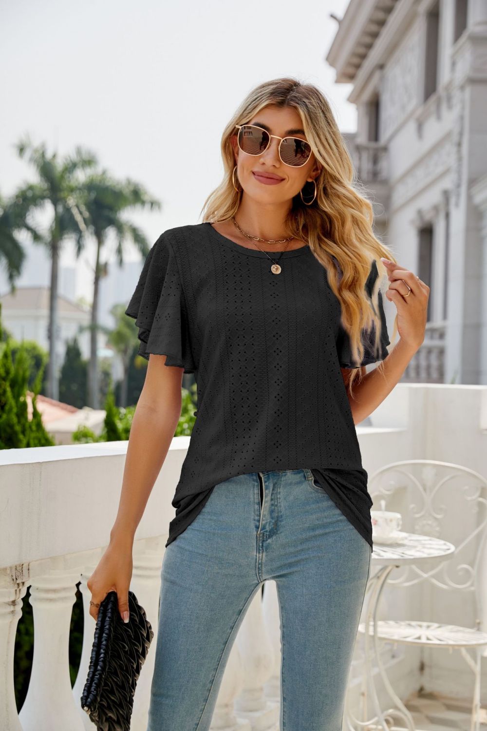 Eyelet Flutter Sleeve Round Neck Top - Mervyns