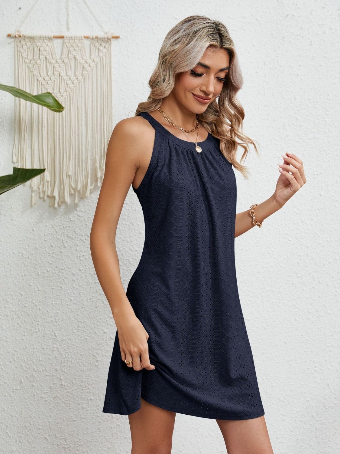 Eyelet Grecian Neck Mini Dress - Mervyns