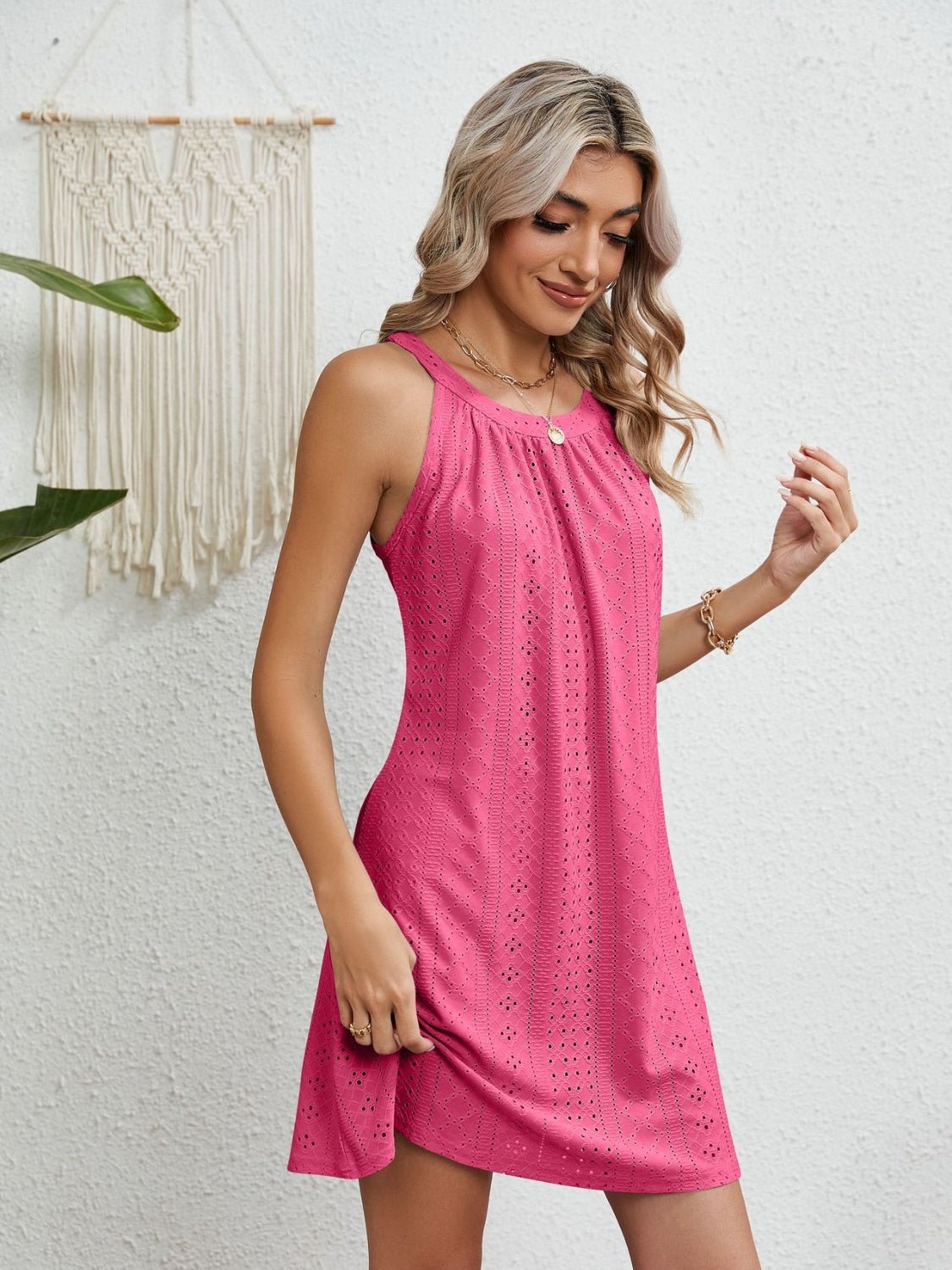 Eyelet Grecian Neck Mini Dress - Mervyns