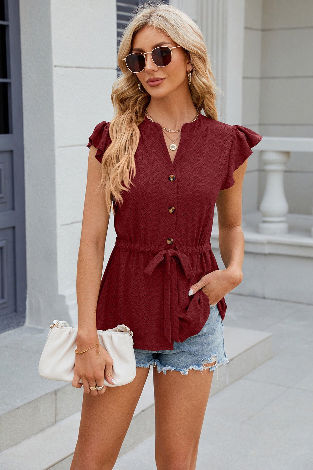 Eyelet Notched Cap Sleeve Blouse - Mervyns