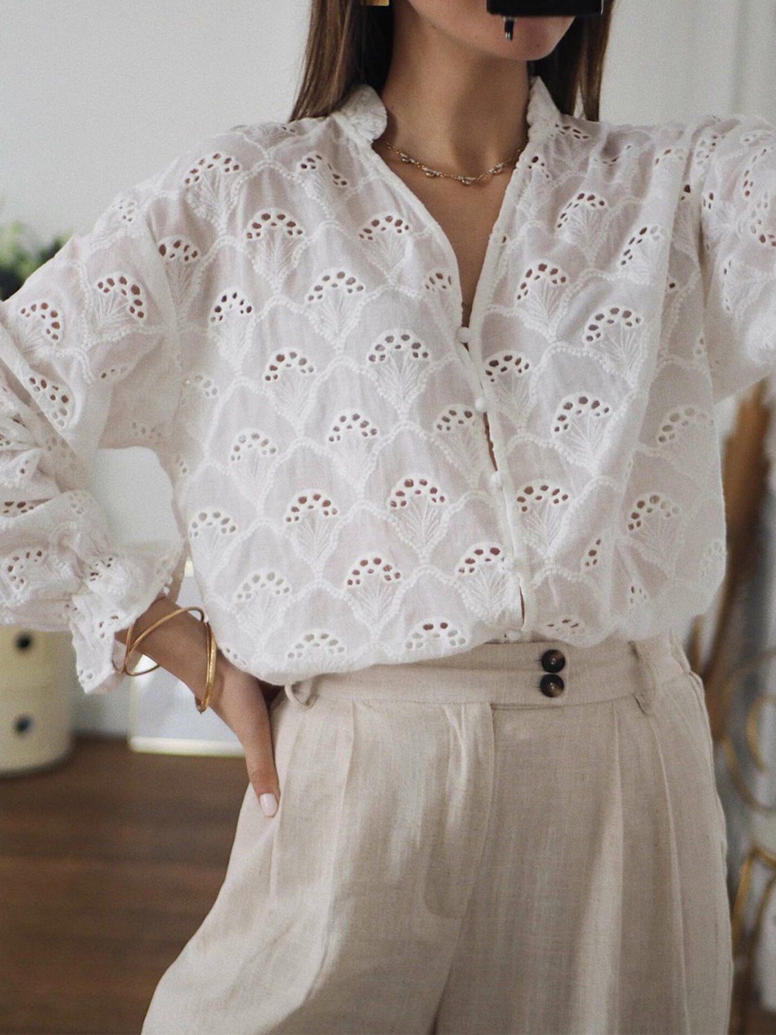 Eyelet Notched Neck Flounce Sleeve Blouse - Mervyns