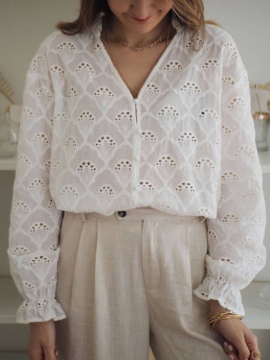 Eyelet Notched Neck Flounce Sleeve Blouse - Mervyns