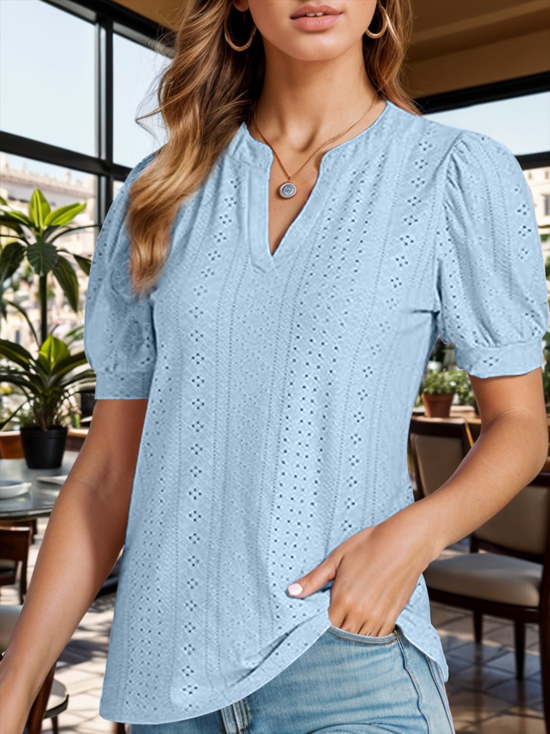 Eyelet Notched Short Sleeve Blouse - Mervyns