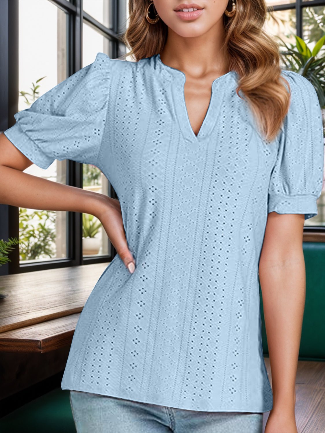 Eyelet Notched Short Sleeve Blouse - Mervyns