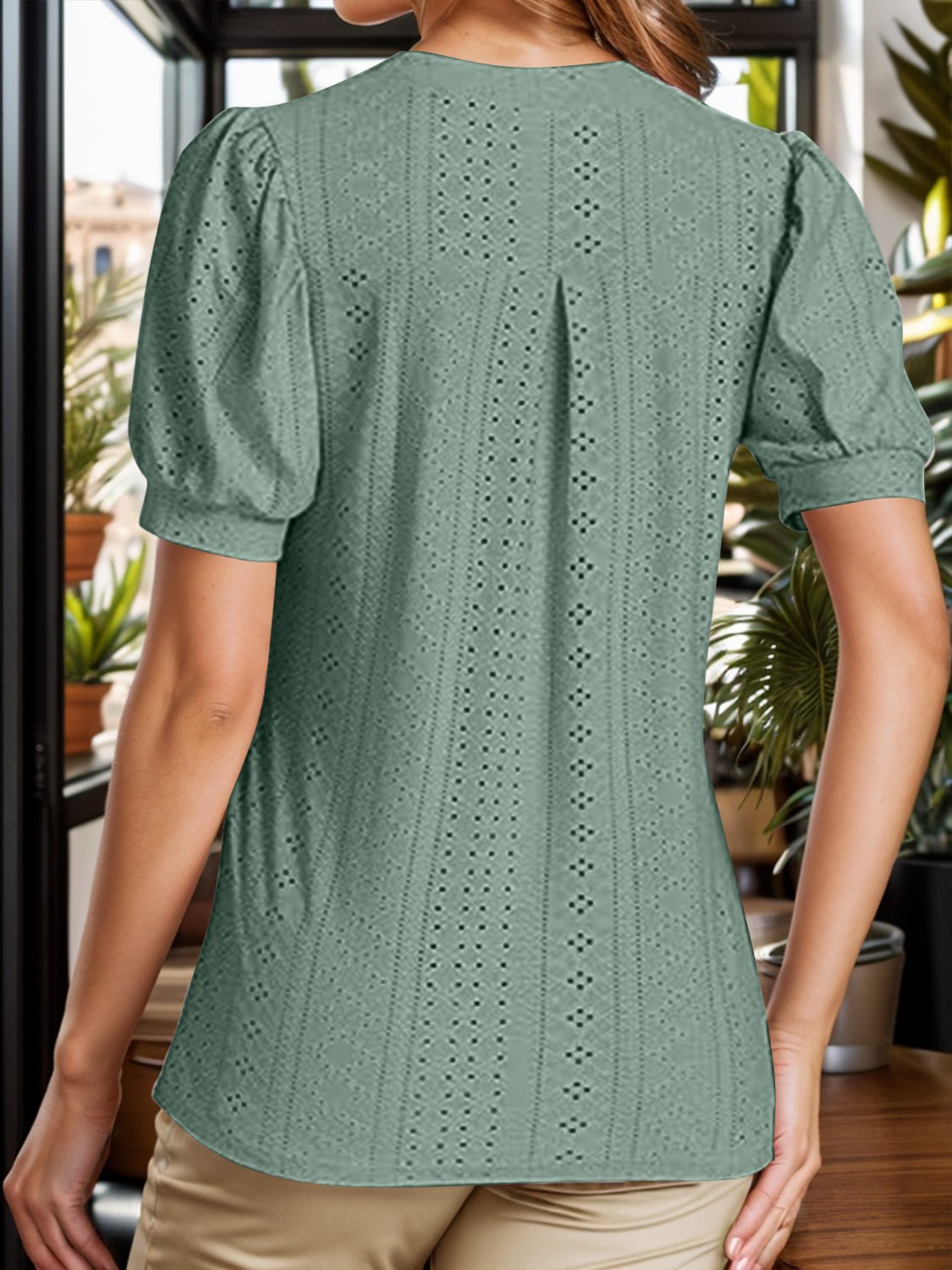 Eyelet Notched Short Sleeve Blouse - Mervyns