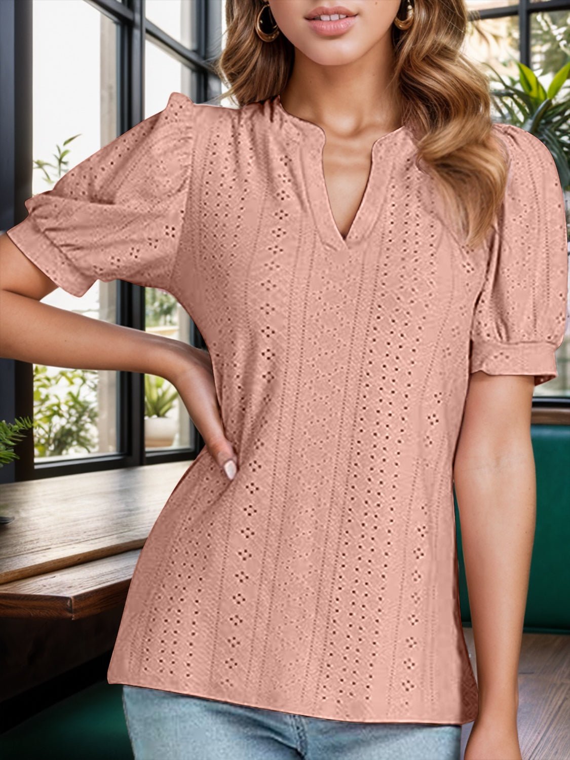 Eyelet Notched Short Sleeve Blouse - Mervyns