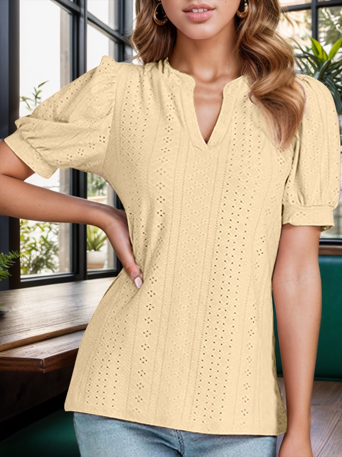 Eyelet Notched Short Sleeve Blouse - Mervyns