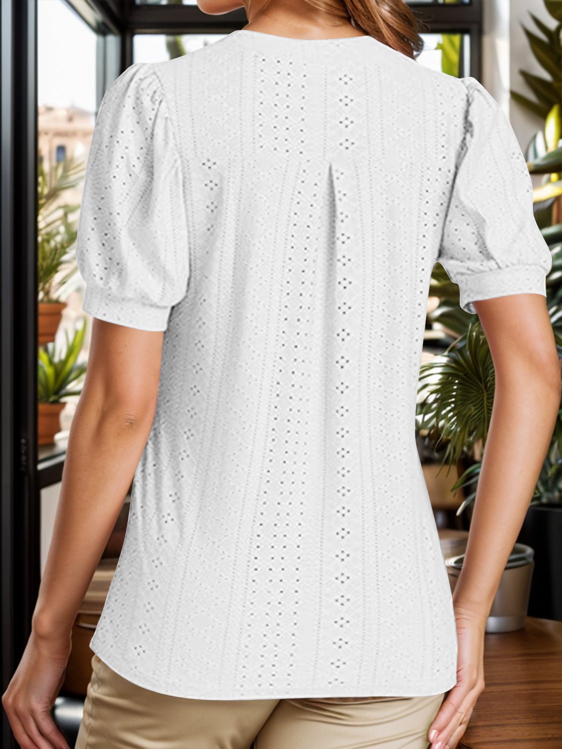 Eyelet Notched Short Sleeve Blouse - Mervyns