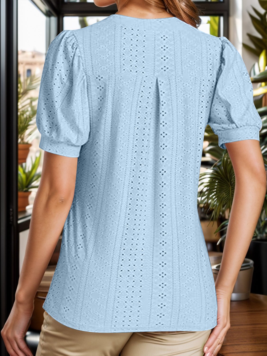 Eyelet Notched Short Sleeve Blouse - Mervyns