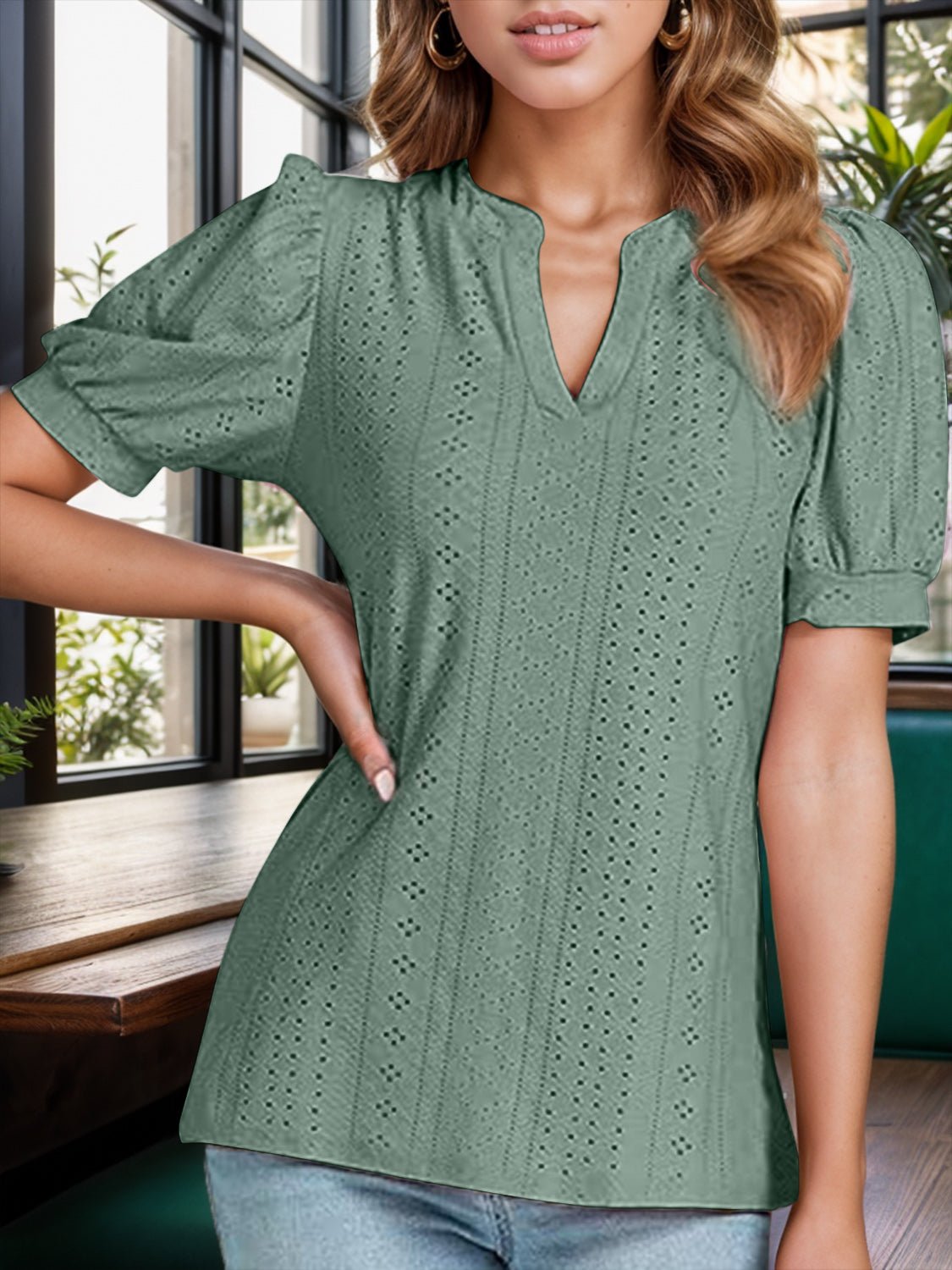 Eyelet Notched Short Sleeve Blouse - Mervyns