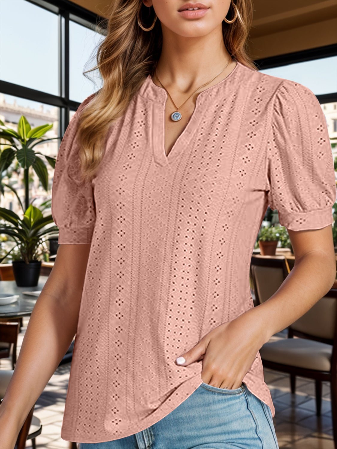 Eyelet Notched Short Sleeve Blouse - Mervyns