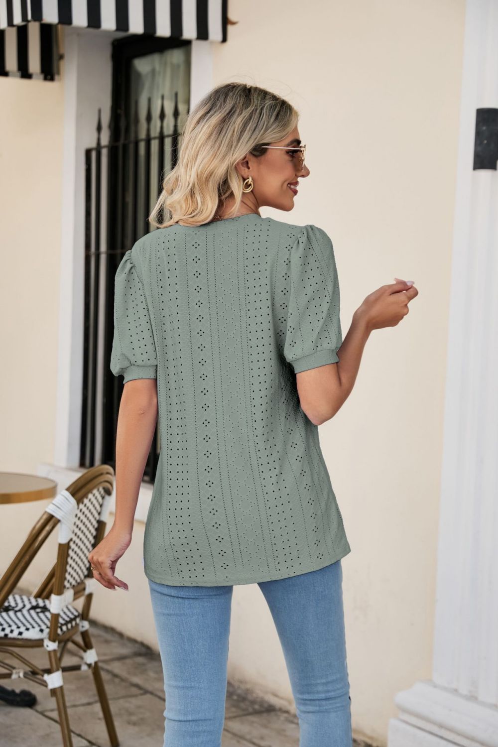 Eyelet Puff Sleeve V - Neck Top - Mervyns