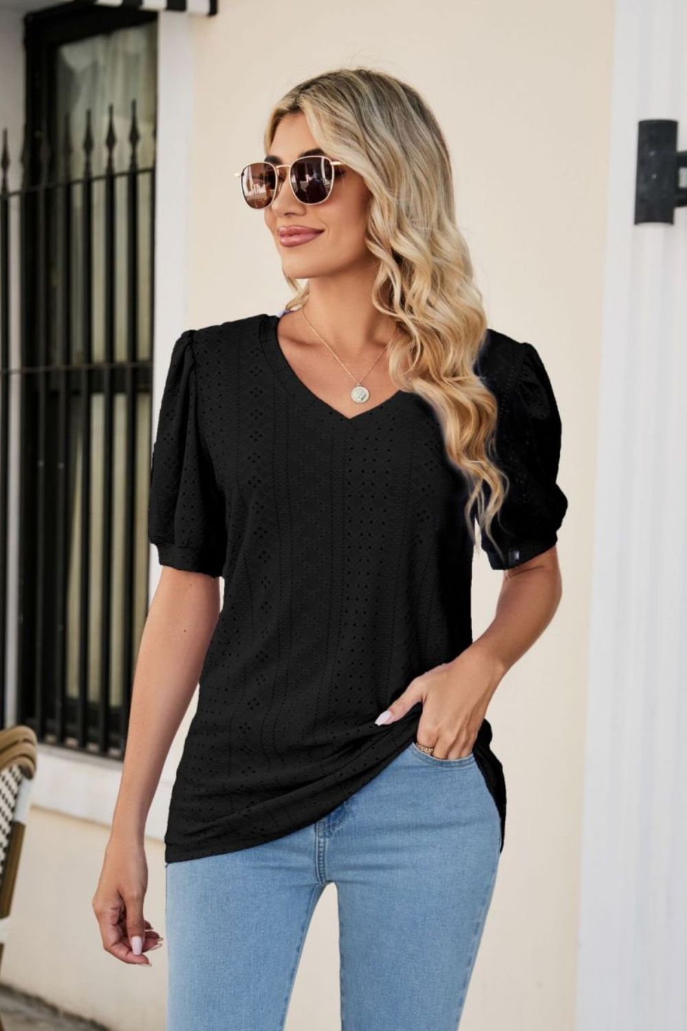 Eyelet Puff Sleeve V - Neck Top - Mervyns