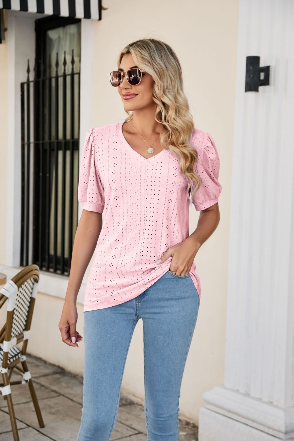 Eyelet Puff Sleeve V - Neck Top - Mervyns