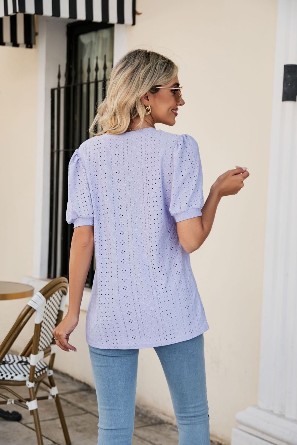 Eyelet Puff Sleeve V - Neck Top - Mervyns