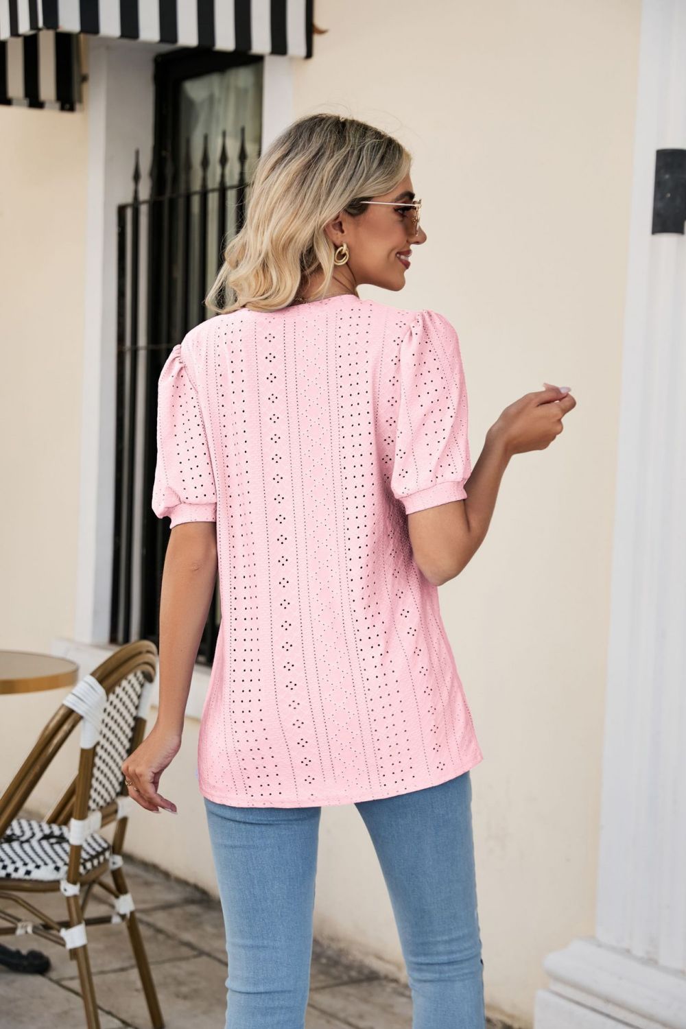 Eyelet Puff Sleeve V - Neck Top - Mervyns