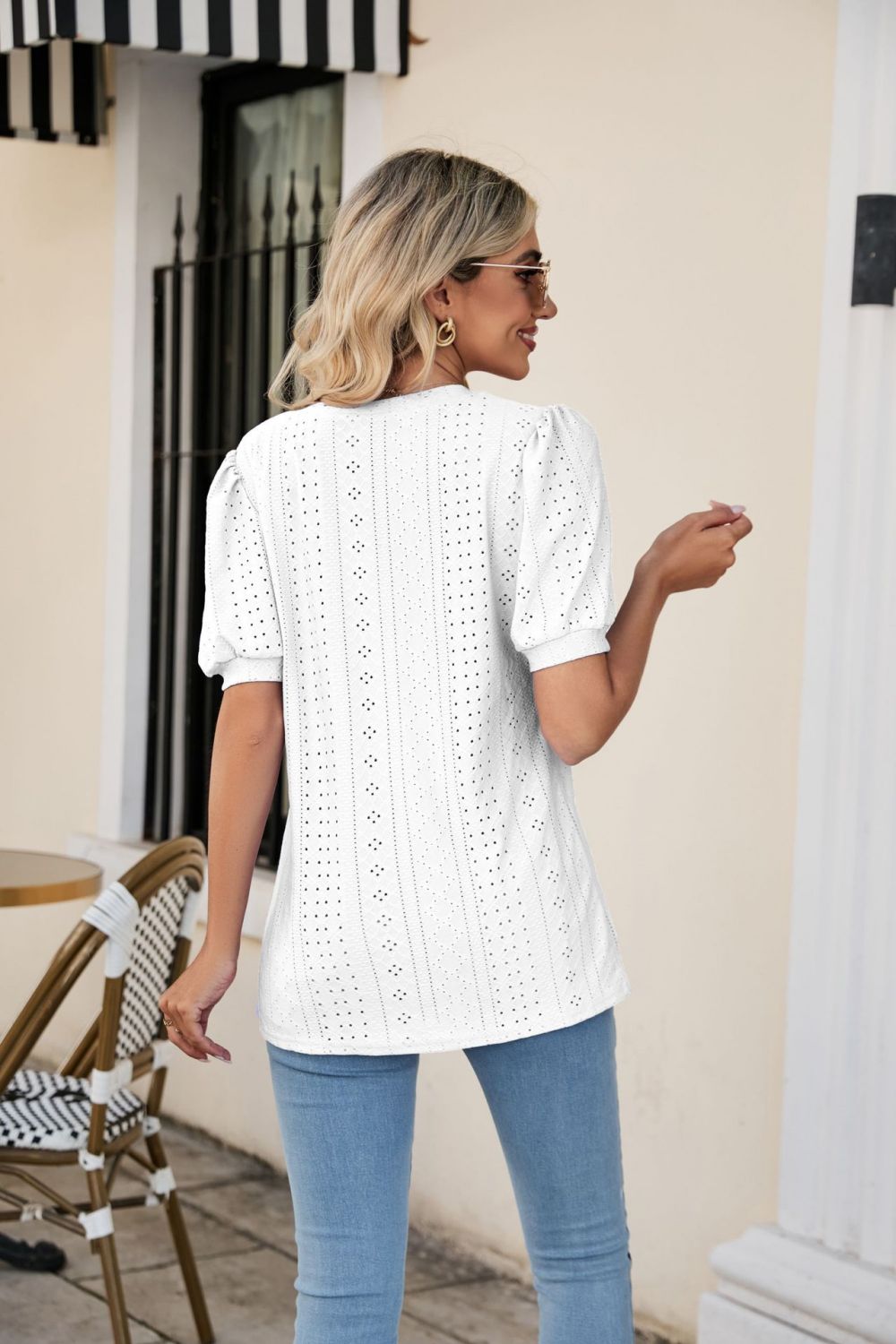 Eyelet Puff Sleeve V - Neck Top - Mervyns