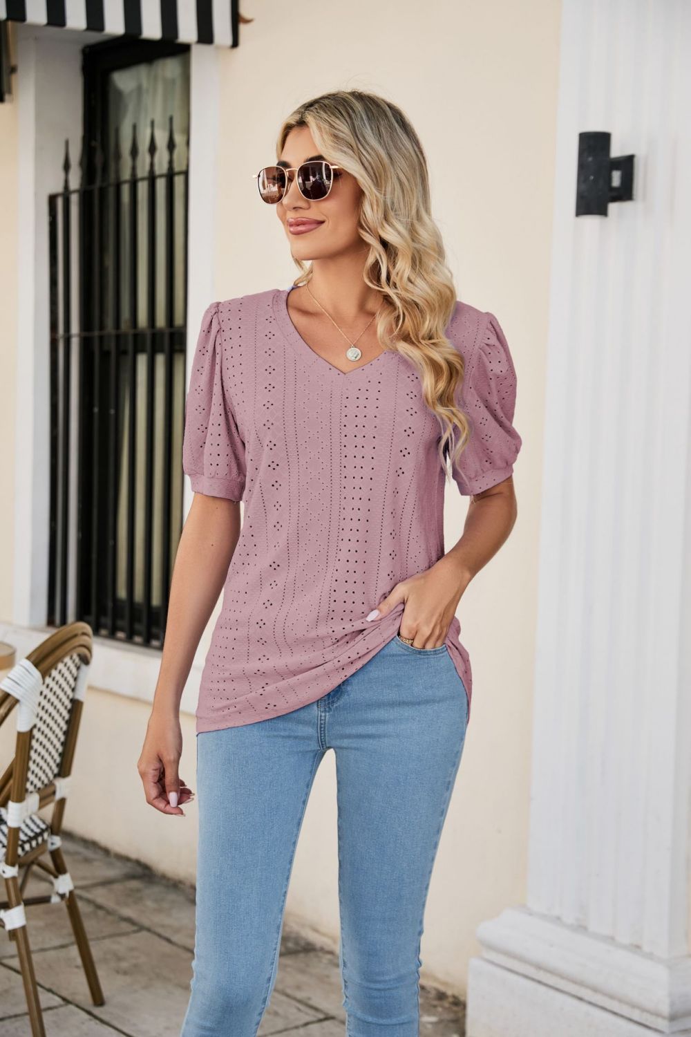 Eyelet Puff Sleeve V - Neck Top - Mervyns