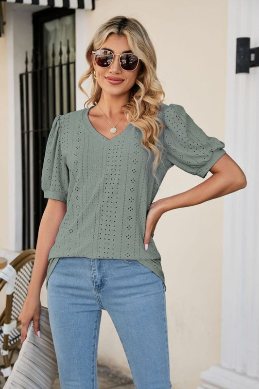 Eyelet Puff Sleeve V - Neck Top - Mervyns