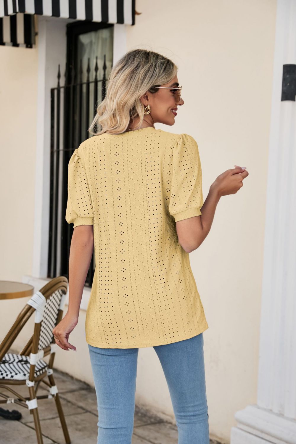 Eyelet Puff Sleeve V - Neck Top - Mervyns