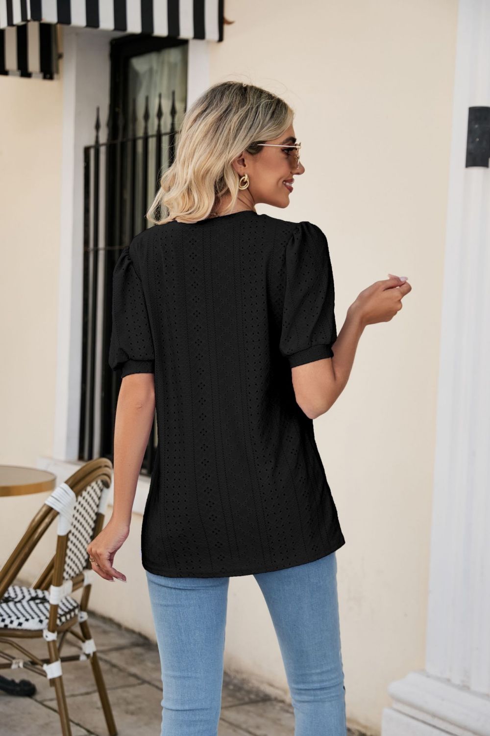 Eyelet Puff Sleeve V - Neck Top - Mervyns