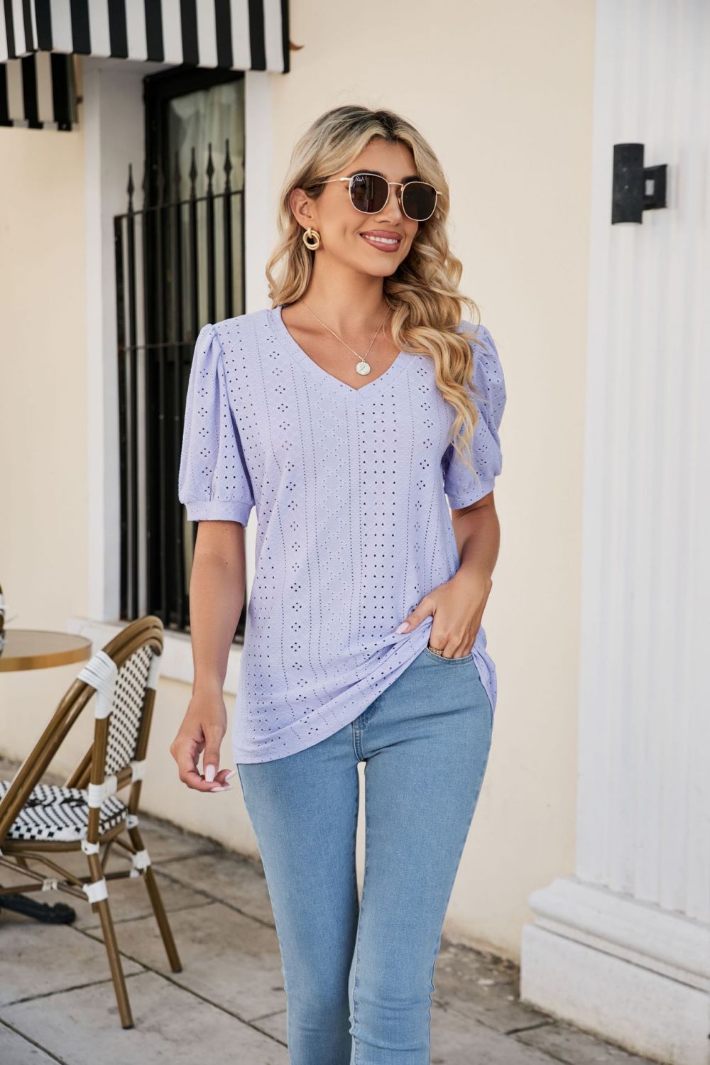 Eyelet Puff Sleeve V - Neck Top - Mervyns